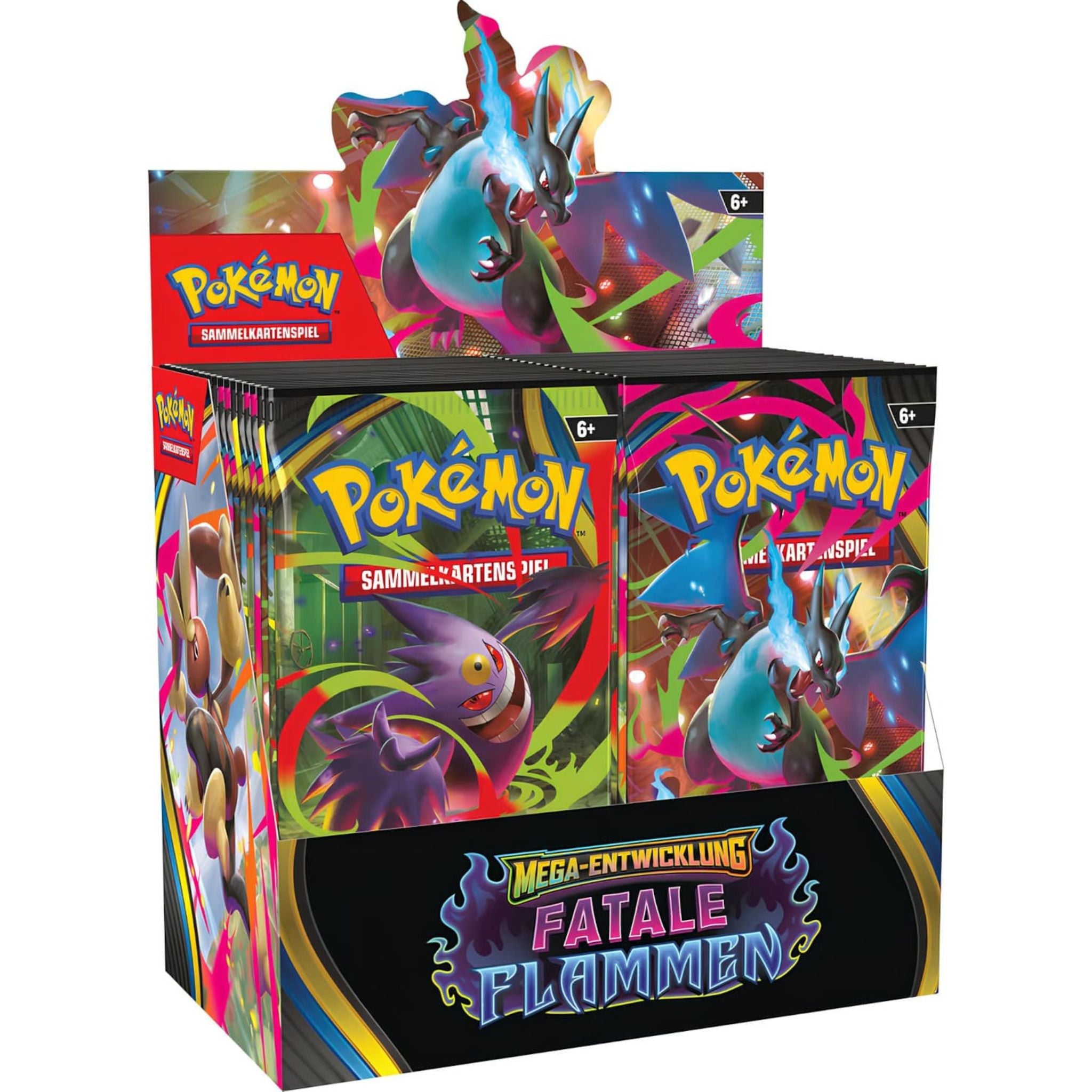 Pokémon Fatale Flammen 36er Booster Display – deutsch, enthält 36 Packs mit Mega-Glurak- und Mega-Gengar-Artworks.